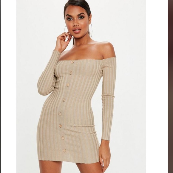Sand Ribbed Bardot Button Knitted Mini 
